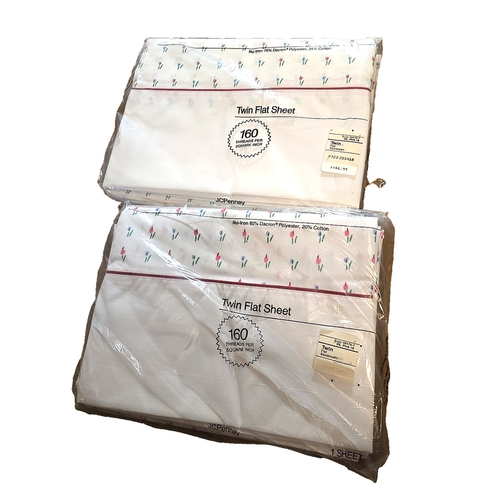 NEW Lot of 2 Vtg JC Penney Stockholm White Tulips No-Iron Twin Flat Sheet Set